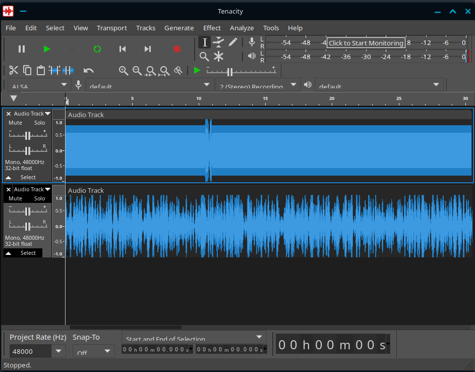 Tenacity screenshot of two tracks with top one cut