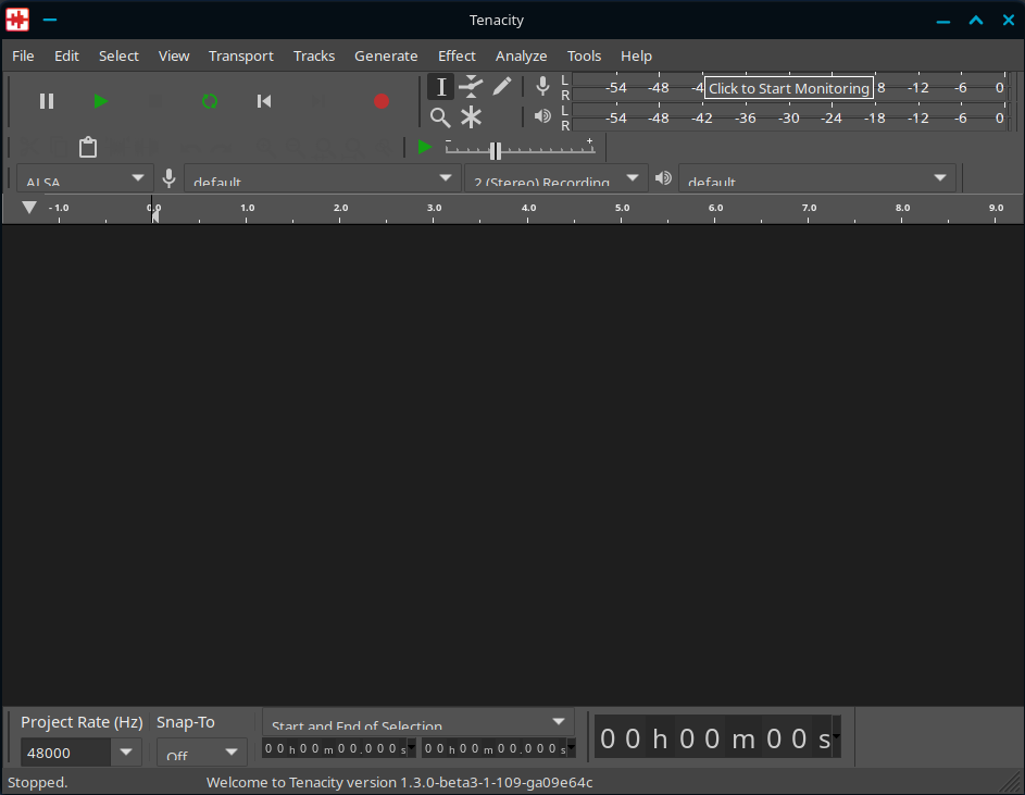 Screenshot of an empty Tenacity project window