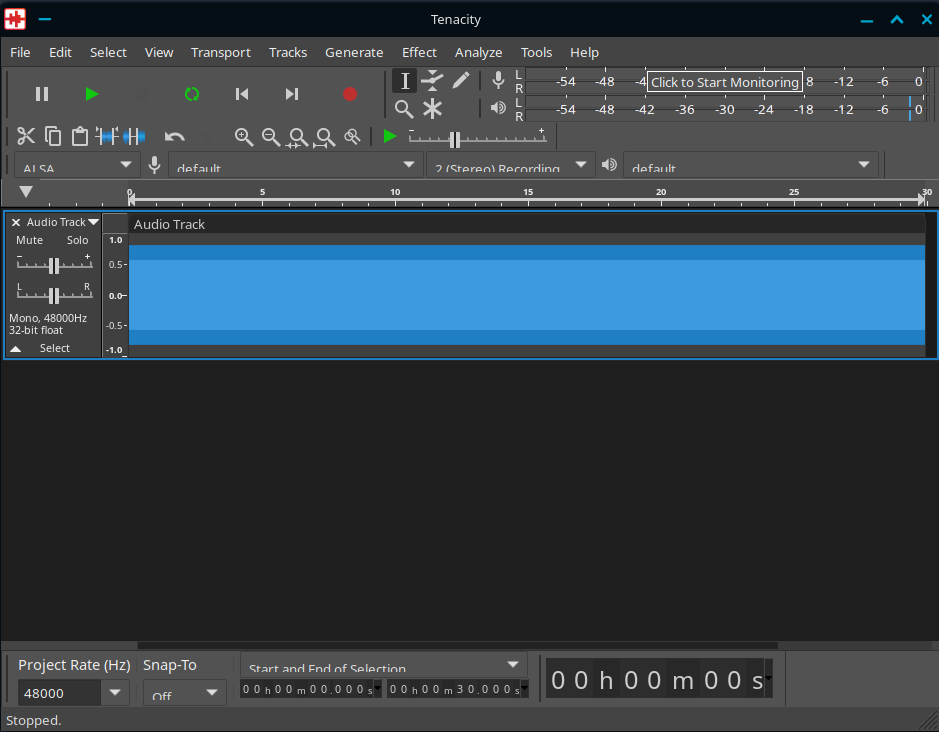 Tenacity screenshot with a single track of imported audio