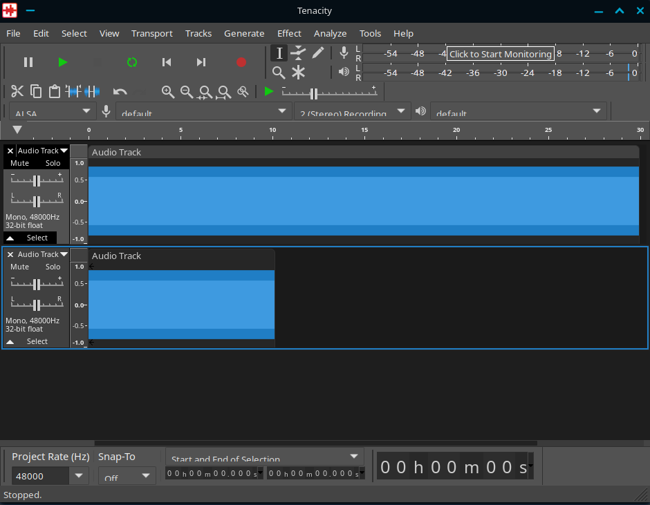 Tenacity screenshot with second audio track containing audio clip data