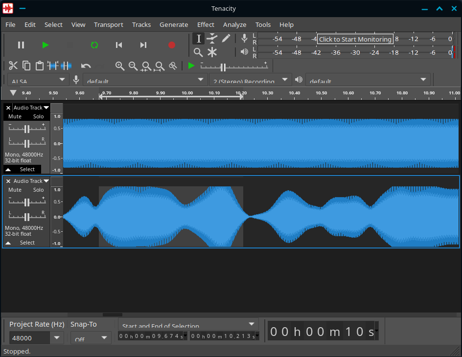 Tenacity screenshot of two tracks zoomed in to tenths of seconds